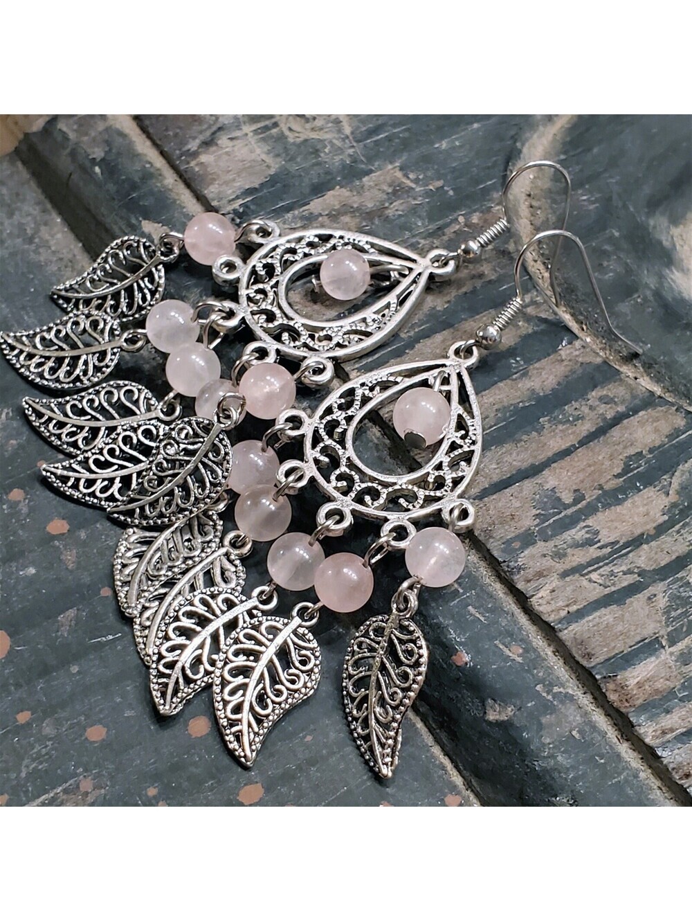 Handcrafted Rose Quartz Gemstone Antique Silver Leaves Chandelier Earrings